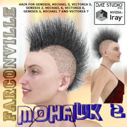 Mohawk  2 hair was made especially for Genesis, Victoria 5, Michael 5, Genesis 2  Female, Victoria 6, Genesis 2 Male, Michael 6, Genesis 3 Female,  Victoria 7, Genesis 3 Male and Michael 7. All this is available for Daz Studio 4.8  and is 37% off until