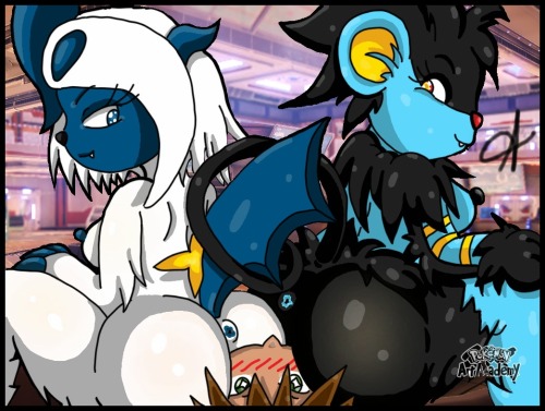 pokemonsexyacademy:  - Commission for Playful-Absol - “ ..Absol and Luxray doing a face sitting, there are a lucky boy here..!”