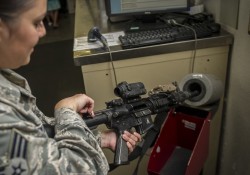 militaryarmament:  Holloman Air Force Base, N.M., April 2, 2015. Security Forces personnel working in the armory are responsible for taking care of and housing weapon systems for on and off duty SF personnel, Civil Engineer personnel, Office of Special