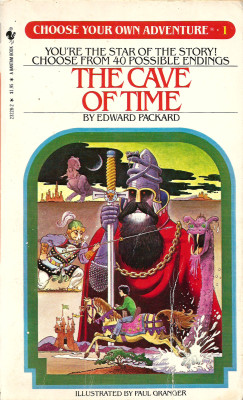 Choose Your Own Adventure No. 1: The Cave of Time, by Edward Packard. Illustrated by Paul Granger (Bantam, 1982).From a charity shop in Hounslow, London.“Night falls and you make yourself a crude bed. Your mattress is the mossy floor of the forest.