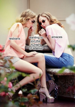 aevios:[id= a picture of two women sharing a milk shake with two straws. One of them is labelled “lesbians”, the other “aroaces” and the milkshake is labelled “wanting to join the hunters of artemis” /end id] 