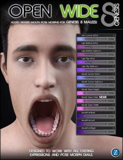Open  Wide is a set of Head Pose dials designed to extend the use of the  mouth beyond current limitations. They are designed to work with  existing pose dials and all expressions. This set is designed for  Genesis 8 Male(s). Ready to morph in Daz Studio