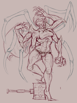 raven-blood-13: Fusion sketch commission for surealkatie of Rick and Insaru fused together!This was super fun to draw up.  What’s better than fusing a giant muscular undead lady with a tiny elegant spider boy? Curvy muscular babes are great. there’s
