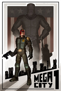 holyfrittata:  Decided last minute to make a poster for Karl Urban to sign this weekend.  Alex Garland mentioned the original screenplay for Dredd was about Dredd: America, so I decided to make a tribute piece incorporating the movie uniform. Wish I
