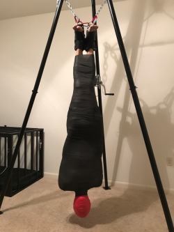 mustluvbondage:@pup-astro and our first attempt at a upside down suspended mummify