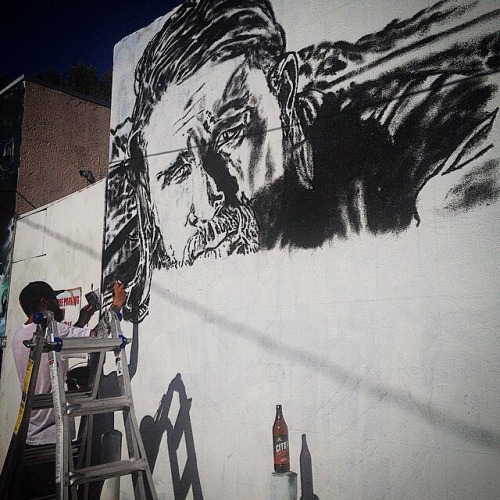 charliehunnamgermany:  never1959:  “A few hours in to the new wall and a surprise guest showed up… Charlie Hunnam aka Jax Teller. Oh yeah he’s also the subject of this mural. Thanks to @ryanmelrose27 and @saesoek for the wall #sonsofanarchy #jaxteller