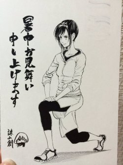 A look at Isayama Hajime’s 2016 Summer Greeting Card, featuring Sasha Braus!Isayama’s draft of this sketch was previously shared here. 