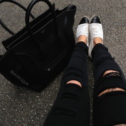luxurycrystal:  opulen-ce:  &ldquo;I’ll stop wearing black when they invent a darker color&rdquo; {pants from #mango, espadrilles from #chanel, bag from #céline}  — 