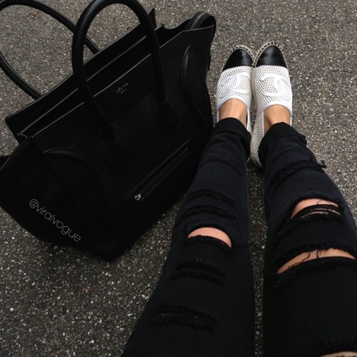 luxurycrystal:  opulen-ce:  “I’ll stop wearing black when they invent a darker color” {pants from #mango, espadrilles from #chanel, bag from #céline}  — 