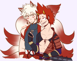 maniac-mac: YOU CALLED AND I ANSWERED. K so I’ve actually been meaning to draw some Kiribaku for @kaiwuff for a while now but I haven’t really had any inspiration, but THEN they mentioned that they really like kitsune Bakugou and oni Kirishima so