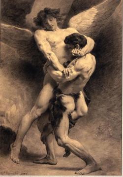givemesomesoma:  Leon Bonnat  Jacob Wrestling with the Angel (1876)