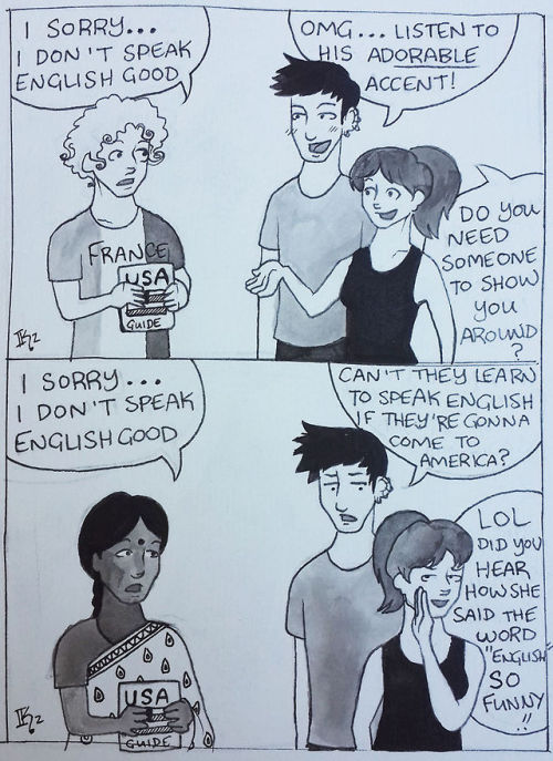 rainbow-ginger-butterfly:  wholetjackdrive:  queerart-civildisobedience:  European accents (and in general white people accents) are commonly perceived as attractive and endearing, while accents from basically any other part of the world are considered
