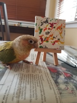 madamemolamola:  I let millie display her creative side last night. Truly one of the greatest artists of our generation.  Medium: bird foot in canvas, non-toxic watercolor 