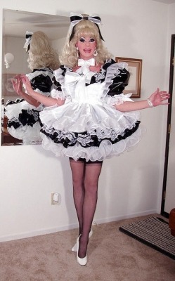 subsuziedavis:  sissyslaveashley69:  Here is an example of a very prissy Sissy Maid. This is the maid to serve at functions and to serve tea. She may do light household chores like dusting and tidying. This maid wearing this outfit clearly does not get