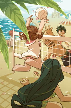 histerrier: I keep forgetting to upload this, so here’s my piece for the @sunforallbnha zine!  Two seconds later Kacchan realizes just how bad of an idea playing volleyball with someone whose quirk is controlling gravity was.  