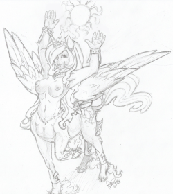 I didn&rsquo;t get any other suggestions for weird mlp/mythical combos&hellip;so I just kinda kept going with Celestia. XD I really liked this, though my horse anatomy is so rusty X_x; TT___TT I miss sketching on paper. EDIT: I made her man-hands smaller.