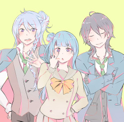 nozoris:  so ive always wanted to do a love live/enstars crossover bc i play both mobile games and yes i love them all anyways it was supposed to be just yohane with rei/wataru but i decided to draw them all bc why not ¯\_(ツ)_/¯ 