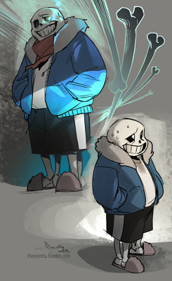 theminttu:  I can’t decide if I want to keep drawing sans as a creepy ass barasans or a cute smol skeleson ??  Why not both? :D