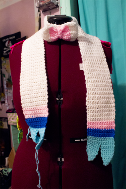 It&rsquo;s finished! Crocheted Sylveon bowtie scarf! Its all one piece with the tie sewn in the middle. The one on the left was left undone because that was the first attempt; the colors were off and I made the stripes too wide, so that&rsquo;s going
