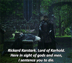 liesmiths-deactivated20140820:  “Rickard Karstark, Lord of Karhold.” Robb lifted the heavy axe with both hands. “Here in sight of gods and men, I judge you guilty of murder and high treason. In mine own name I condemn you. With mine own hand I take