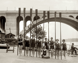 vintagesportspictures:  Capital Athletic Club rowing team at the Key Bridge over the Potomac (1926) 