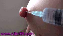 Slut-Slave-Trainer:  Marypierced:  Saline Injection Squirting Saline By Nipple. 