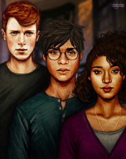 harrypotterconfessions:  simplydrarry:  all-about-rupes:  peaceofseoul:  The Golden Trio!  This is perfect in every way possible!  This is amazing art oh my goodness 😍  i like that harrys scar is like an actual lightning bolt struck him in the face