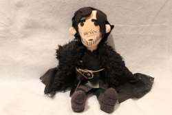 snoozelabs:  Jon Snow is a very memorable character from Game of Thrones and A Song of Ice and Fire! My plushing is based on his interpretation by Kit Harrington and so he has that iconic frown and fuzzy facial hair. Ghost, his faithful dire wolf, is