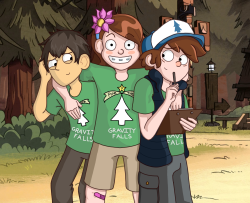 asexualtadashihamada:  Did someone say summer camp AU? Say hello to the camp counselors of Cabin 3 (Team Pine Tree). Mabel leads and comes up with the activities, Dipper creates the daily schedule and keeps everything well-organized, and Wirt carries