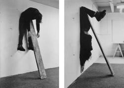  Plank Piece, 1973Charles Ray “Ray was part of a wave of artists during the 1970s who addressed sculpture as an activity rather than as an object. In the iconic two-part photographic work Plank Piece the artist documents the use of his own body as the