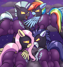 I’m back with the Suggestion Poll pics, 1st place as suggested by @princebluecakethealicorn!4 spooky pegasi haunting the heights above ponyville &gt;:Dhi-res: normal, torn