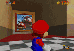 suppermariobroth:  In Super Mario 64, the room containing the paintings leading to Tiny-Huge Island uses forced perspective to make the three hallways appear much more similar in size than they really are. 