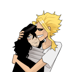 luidilovins:  biskyfresh:   smooch! i started drawing this because i wanted to show how cute their height difference is but then i forgot and made all might barely taller than aizawa. WELP let’s just pretend toshi’s bent over or something LMAO   Aizawa’s