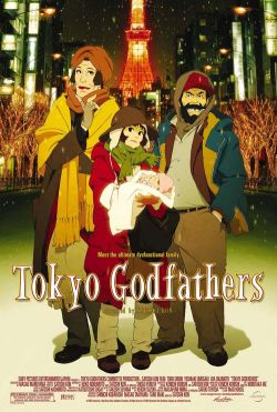 drearycheery:  Tokyo Godfathers.  This is a masterpiece of a movie. Three homeless people, A runaway girl, a alcoholic father, and a trans woman, are wandering the streets on Christmas eve, when they find a baby abandoned in a dump.  They decide to care