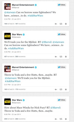 snoopdogghasjeansanddresses:  squallluis:  Just in case you missed this on twitter yesterday. Marvel and Star Wars are at it!  Help 