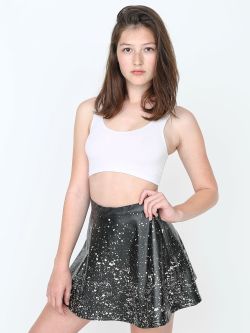 americanapparel:  The NEW Paint Splatter Vegan Leather Circle Skirt: SHOP NOW ​High-waist circle skirt in soft vegan leather with unique paint splatter detailing. Includes an invisible zipper and back button closure.  Yay for leather skirts! Model has