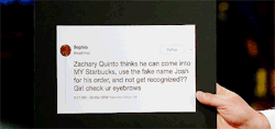humorgifs:   Zach Quinto Was Busted for His Fake Starbucks Name  