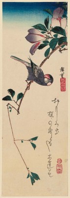 heaveninawildflower: ‘Finch on Magnolia Branch’ (Japanese, Edo period). Woodblock print by   	Utagawa Hiroshige I (Japanese, 1797–1858). Published by  Kawaguchiya Shôzô (Shôeidô, Eisendô). Image and text courtesy MFA Boston. 