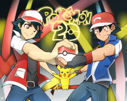 kuroshinkix:Let’s “Gotta Catch ‘em All!” and celebrates the 20th Anniversary of Pokemon today! Quickly Fanart of Classic Red and Modern Ash (sorry for the mahou tsukai pose as well haha) with Pikachu xD ‪#‎Pokemon20‬ © kuroshinki
