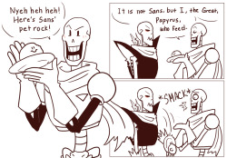 smolandtolskeletons:  From that day on, Papyrus would sometimes find that someone had already fed the pet rock. Thank you to Anon who suggested that “Pet Rock make an appearance”! Does this redeem UF Papyrus from this post? 