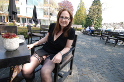 likethemaverage:Sitting in a restaurant in black stockings without underwear, enjoying the day and the hot situation at public places  So hot and sexy - garters are hot - 