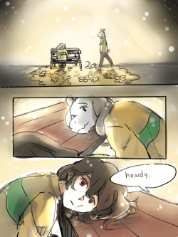 blossyay:  I just wanted to draw something bittersweet :’3 Chara waiting for Asriel, so they can finally rest in peace together…. it doesn’t have to make much sense. I just really like drawing grown up Chara and Asriel :’D 