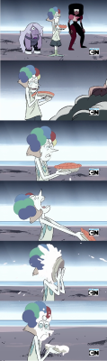 susurrationofthewind:madohomos:someone who doesnt watch steven universe tell me what’s going on here  overcome by the pointlessness of existence, the clown-ballerina has decided to embrace the sweetness of death through choking on pie. her companions,