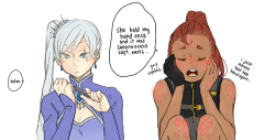 vitt-99: jiyeong: useless lesbian baby ilia asking useless lesbian weiss for advice on how to get the cute cat girl (to hold her hand)  Naww 