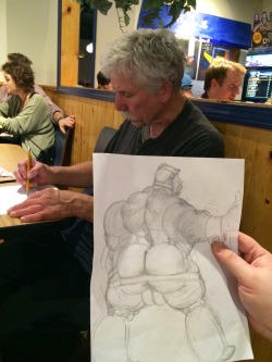 skyslut: cockbarf:  so i just sat down to eat my ‘im really drunk meal’ at 4am and sat next to this guy drawing and asked if i could check out his work and this is what he had just finished working on  Picasso who???? MichaelAngelo who??? 