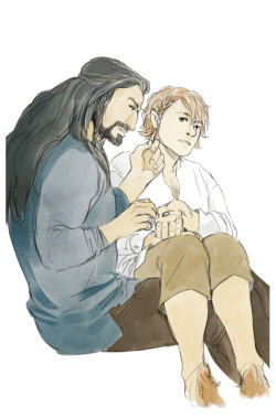 kaciart:   lacefedora said: Bilbo putting a bead in Thorin’s hair. or Bilbo adding a braid to Thorin’s… man these are tame prompts. I was trying to think of something smutty but I failed  I switched it around because I really wanted Thorin being