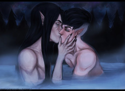 krovav:OC kissing week is drawing to an end, and though I don’t multiship I wanted to join in on the fun. So here are my two favorite elves enjoying some of Skyrim’s natural resources. Vikrolomen belongs to me / Vincialem belongs to @mazokhist