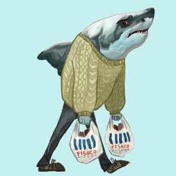 princepalindrome:  A shark just trying to make his way in the world.  His name is Trevor. He likes Coronation Street, cableknit jumpers and high quality sushi. 