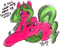 Bad night. So i made a new OC to make me feel better. Meet Melon Burst. Probably a background type pony. Bridlevale. She sells her melons there with her melon family. &gt;.&gt; &lt;.&lt; &gt;.&gt; Fucking original, right? Where the fuck did i make that