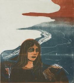 dappledwithshadow:  Edvard MunchWoman’s Head against the shore, 1899, woodcut on ivory Japanese paper. On the Waves of Love, 1899, lithograph. 